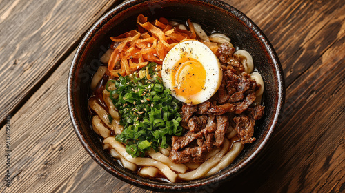 This vibrant image features a bowl of udon noodles heaped with savory beef slices, a soft-boiled egg, fresh green onions, and crisp carrot sticks, making a rich and wholesome meal.