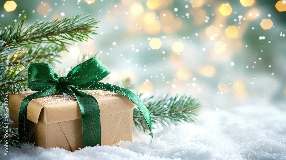 Christmas Present with Pine Branch on Snowy Background Christmas Present with Pine Branch on Snowy Background
