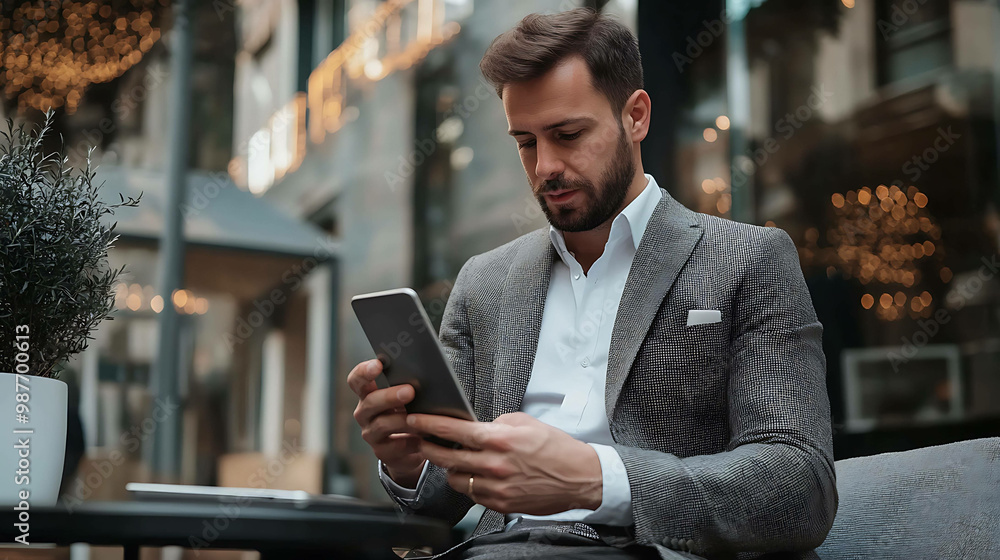 A businessman in a suit sits at a table and looks at a tablet. A businessman in a suit sits at a table and looks at a tablet.