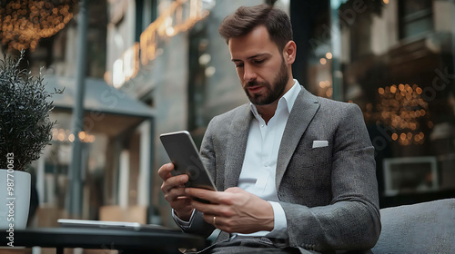 A businessman in a suit sits at a table and looks at a tablet.