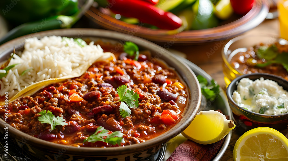 Chili con Carne with Rice and Tortilla Mexican Food Recipe Chili con Carne with Rice and Tortilla Mexican Food Recipe