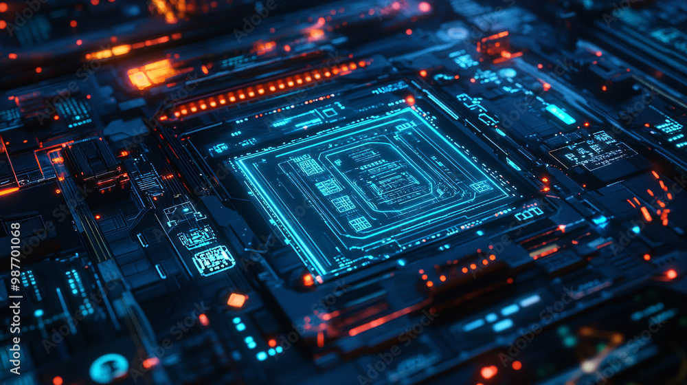 Obraz premium A microchip in a mecha suit's control panel. displaying complex holographic interfaces. 