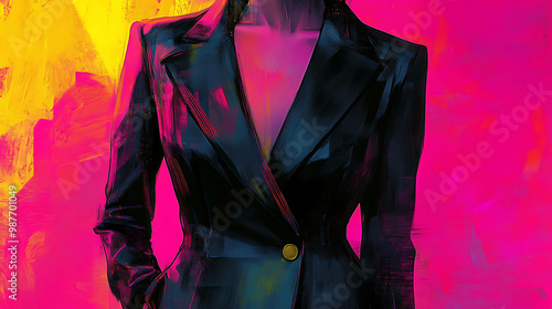 Digital painting of a woman wearing a black blazer with a single golden button.