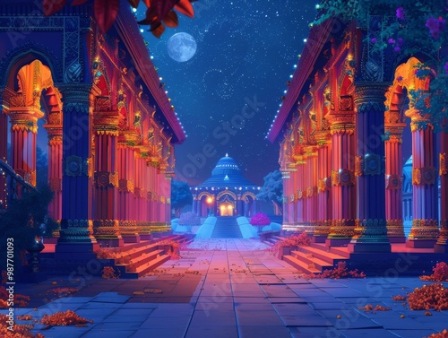 banner background of Navratri Day, [A serene depiction of a nighttime temple adorned with vibrant decorations, where the moonlight softly bathes the surroundings,