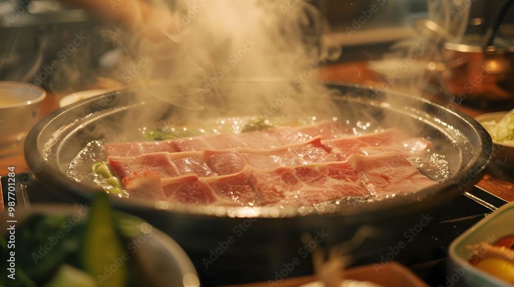 Steaming Hot Pot with Slices of Beef Delicious Asian Cuisine Steaming Hot Pot with Slices of Beef Delicious Asian Cuisine
