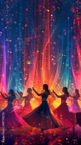 banner background of Navratri Day, a vibrant portrayal of a traditional dance group practicing their moves against a backdrop of colorful drapes and decorations, 