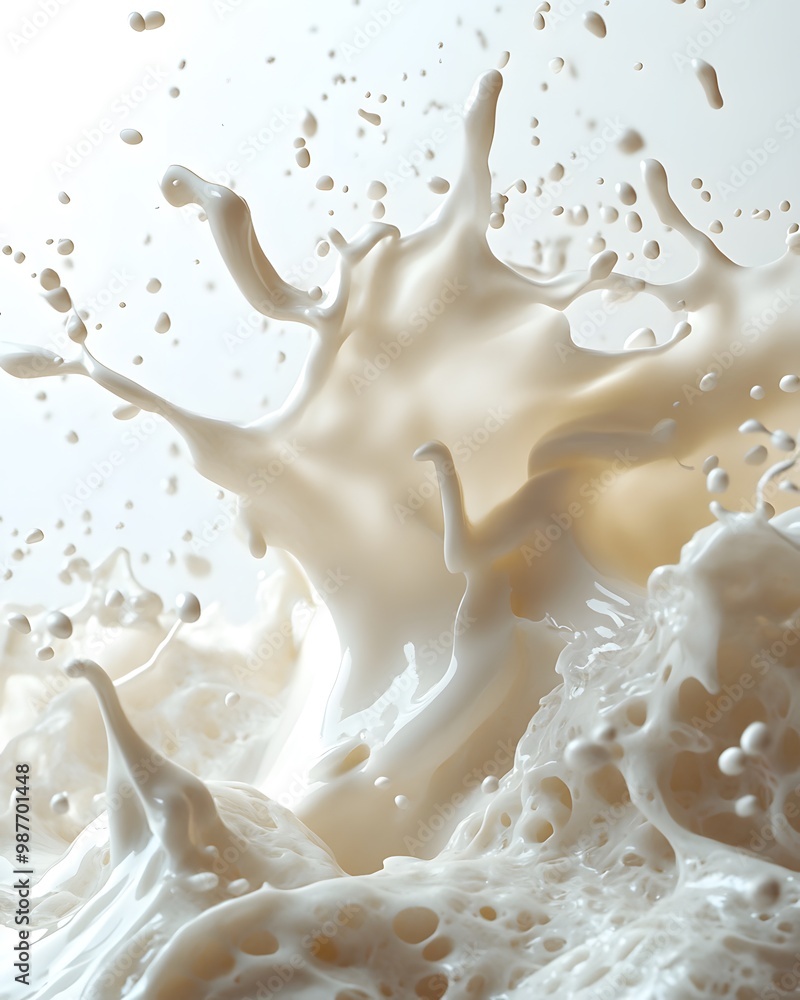 Milk splashes dramatically against a pristine white backdrop, forming a captivating contrast Milk splashes dramatically against a pristine white backdrop, forming a captivating contrast