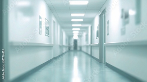 Wallpaper Mural Hospital Corridor: A sterile, minimalist hospital corridor with white walls and a gleaming, tiled floor. The perspective leads the eye down the hallway to a distant figure. Torontodigital.ca