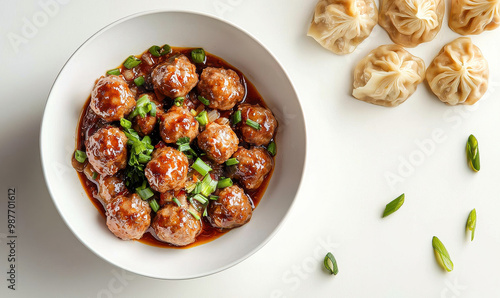 Delicious spicy meatballs garnished with green onions paired with delicate dumplings, all arranged on a clean white background creating a visually appealing presentation.