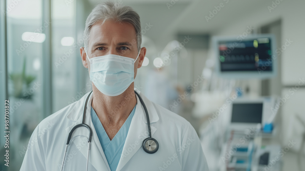 Portrait of a mature male doctor wearing a protective mask and medical suit, standing confidently in a hospital room with a stethoscope around his neck, looking directly at the cam