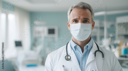 Portrait of a mature male doctor wearing a protective mask and medical suit, standing confidently in a hospital room with a stethoscope around his neck, looking directly at the cam