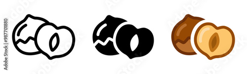 Hazelnut icon. Whole and peeled nut color sign. Nutella nut symbol. Healthy snack pictogram.