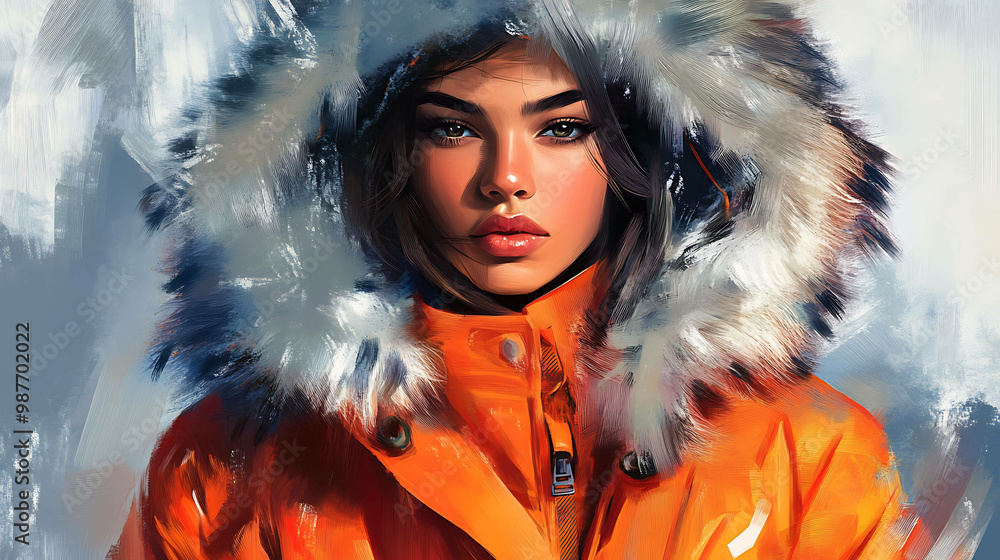 A beautiful woman in a bright orange winter coat with a fur-lined hood. A beautiful woman in a bright orange winter coat with a fur-lined hood.