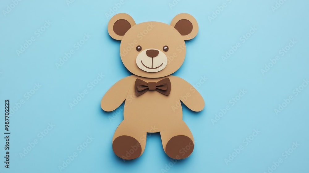 Fototapeta premium Smiling teddy bear paper cut on a blue background perfect for toy-themed children’s book illustrations or nursery designs
