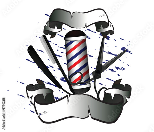 Vintage barbershop tools logo with banner surrounding a classic barber pole