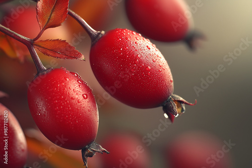 Macro shot of rosehip seeds, highlighting the intricate textures and vibrant red hues under the soft light of a fall afternoon photo