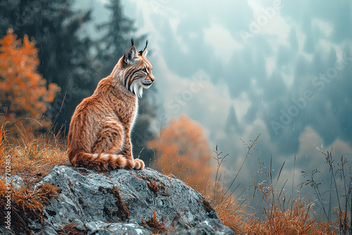 A majestic lynx sits attentively on a rocky outcrop, surrounded by a misty autumn forest, with trees showing hues of orange and red foliage, creating a serene wildlife scene.