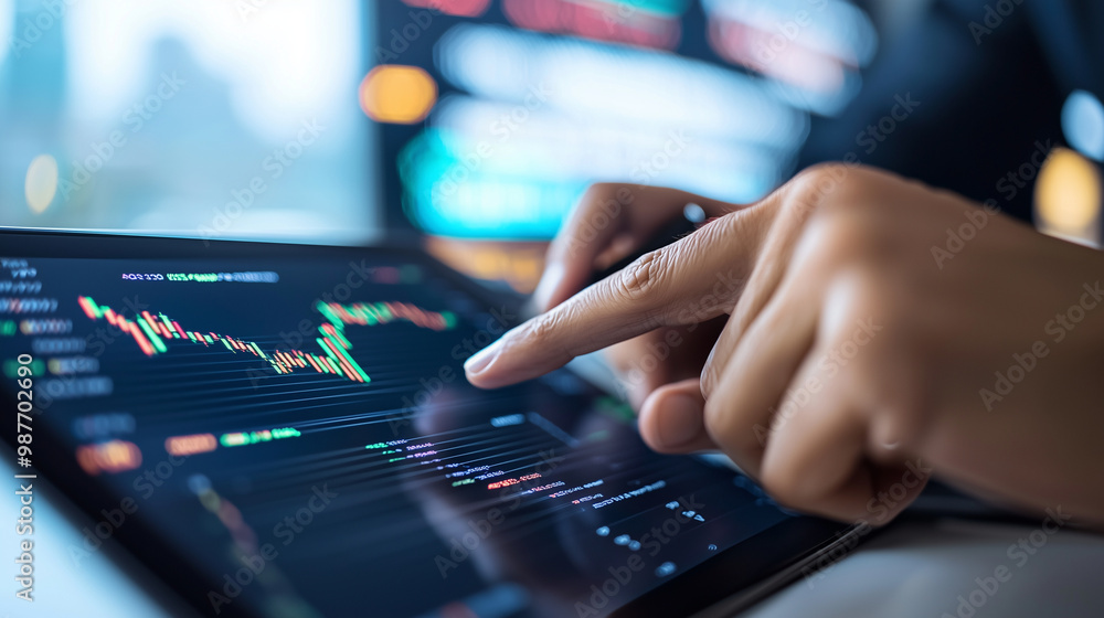 Close-up of global investors' hands pointing to stock graphs and charts on a tablet, discussing the ripple effects of American stocks on international markets, with a backdrop of f Close-up of global investors' hands pointing to stock graphs and charts on a tablet, discussing the ripple effects of American stocks on international markets, with a backdrop of f