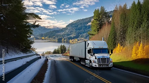 Freight truck driving through a scenic mountain road in autumn, representing logistics, transportation, and delivery services in a natural landscape.

 photo