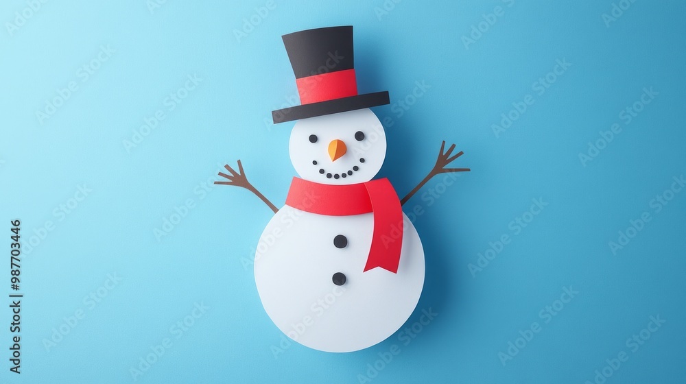 Smiling snowman paper cut on blue background ideal for winter-themed children’s book illustrations or holiday designs Smiling snowman paper cut on blue background ideal for winter-themed children’s book illustrations or holiday designs