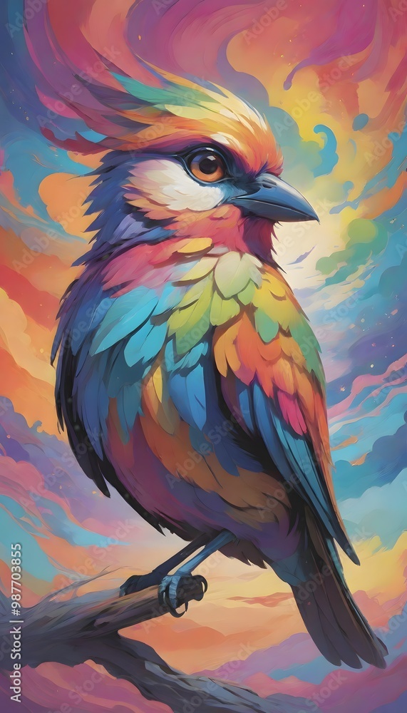 Obraz premium Vibrant multicolored bird with geometric shapes and patterns, set against an abstract, colorful background, Generative AI.