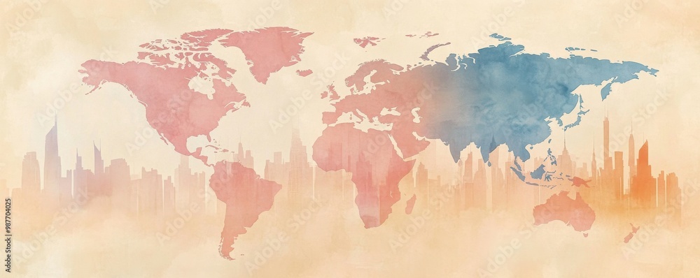 Obraz premium Minimalist watercolor painting of world map merging with a city skyline in pastel hues