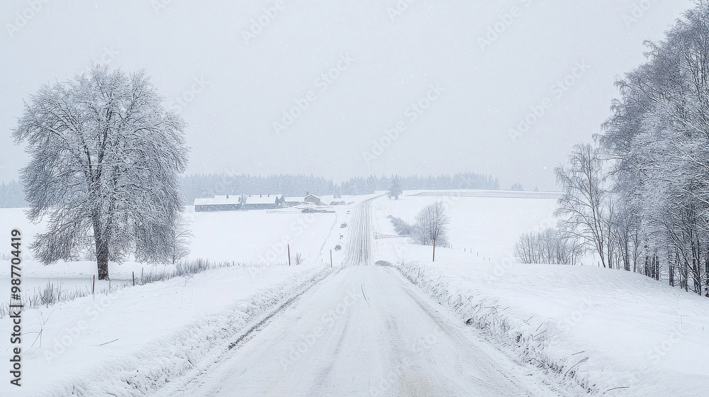 This image showcases a long snowy road with flanking trees extending toward distant farmhouses under a softly falling snow, capturing a serene and peaceful winter day. This image showcases a long snowy road with flanking trees extending toward distant farmhouses under a softly falling snow, capturing a serene and peaceful winter day.