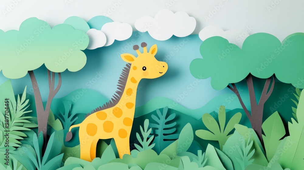 Fototapeta premium Giraffe in forest paper cut great for nature-themed children’s book illustrations or wildlife conservation visuals