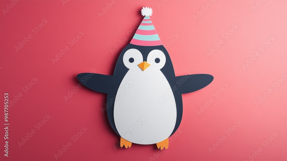 Obraz premium Penguin with party hat paper cut on red background great for holiday-themed children’s book illustrations or festive visuals