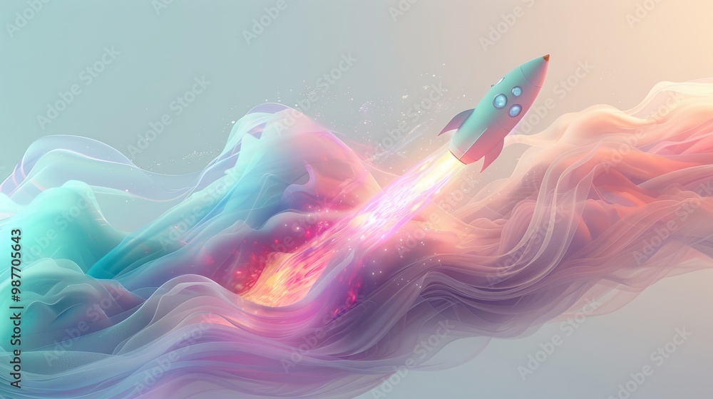 Obraz premium A digital abstract rocket and AI chip depicted in soft, pastel colors like light blue, mint green, and lavender. 