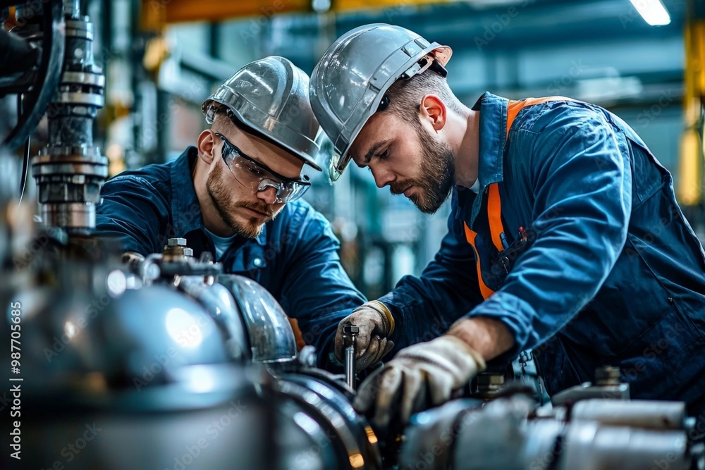 Engineers inspecting high-tech oil drilling equipment in a workshop, with advanced tools and machinery, showcasing the innovation and craftsmanship in the industry Engineers inspecting high-tech oil drilling equipment in a workshop, with advanced tools and machinery, showcasing the innovation and craftsmanship in the industry