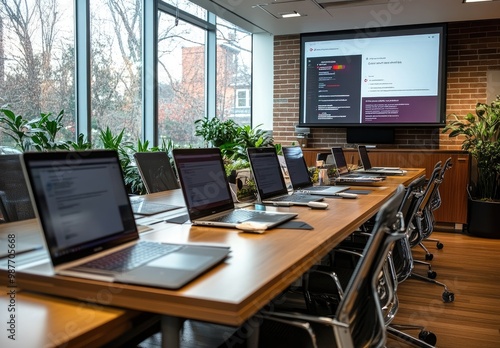 Wallpaper Mural A modern conference room with laptops and a presentation screen. Torontodigital.ca