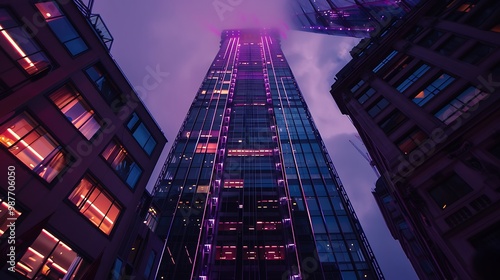 Wallpaper Mural Futuristic Cityscape,  Neon Lights & Skyscraper at Dusk Torontodigital.ca