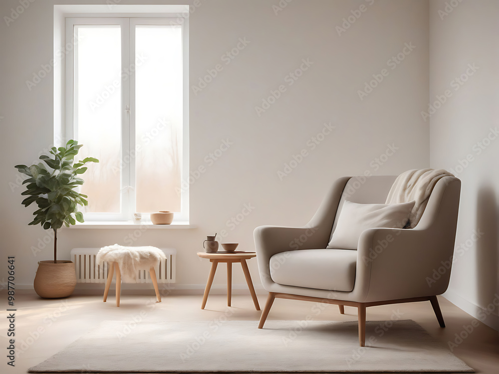 A quiet living room with soft armchairs, soft carpets and natural light A quiet living room with soft armchairs, soft carpets and natural light