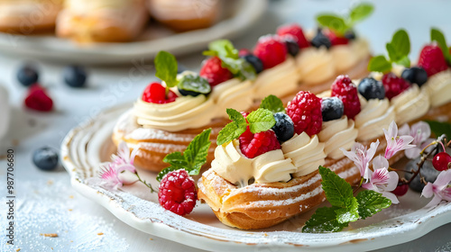 Cream Puffs with Whipped Cream and Berries Delicious Pastry