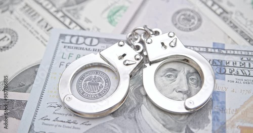 The intersection of money and crime, financial fraud, money laundering and counterfeiting, legal repercussions : 100 US dollar and handcuffs, depicting dirty money obtained by illicit corruption. photo