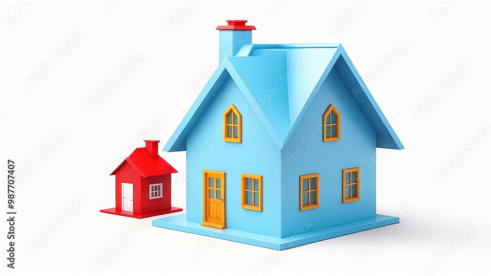 A colorful 3D model of a blue house with a smaller red house beside it. A colorful 3D model of a blue house with a smaller red house beside it.