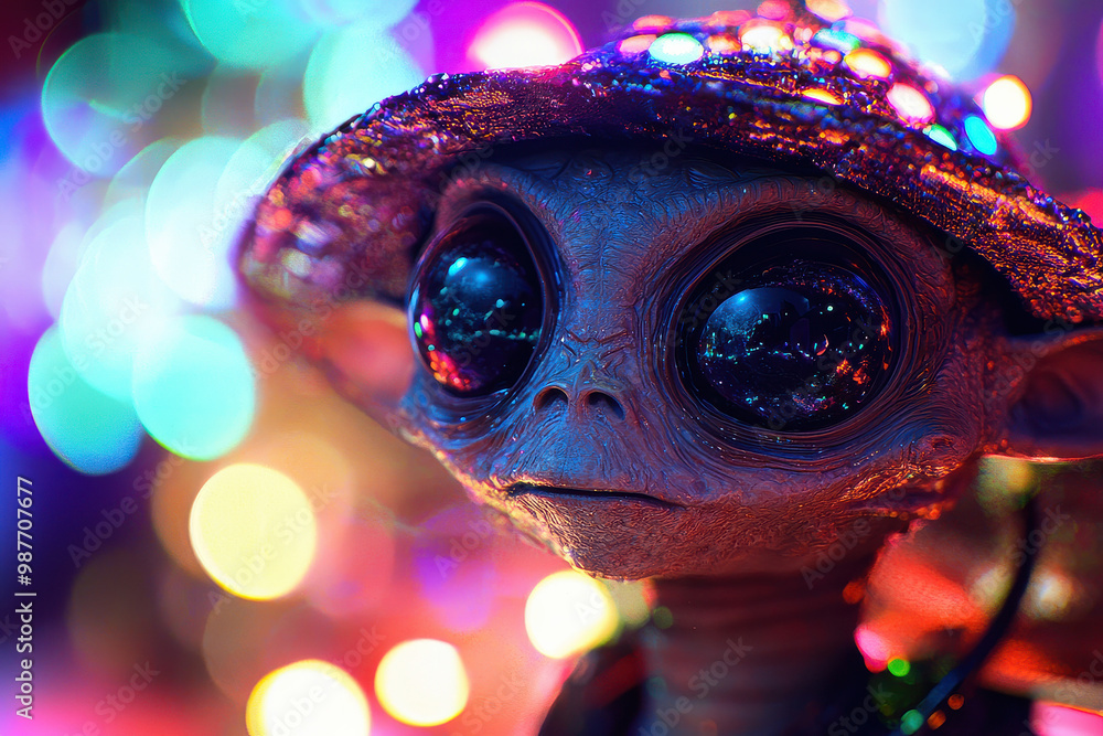 An imaginative depiction of an alien figure with large, expressive eyes, adorned with a sparkling hat, set against a colorful and vibrant background, evoking a sense of wonder and fantasy. An imaginative depiction of an alien figure with large, expressive eyes, adorned with a sparkling hat, set against a colorful and vibrant background, evoking a sense of wonder and fantasy.