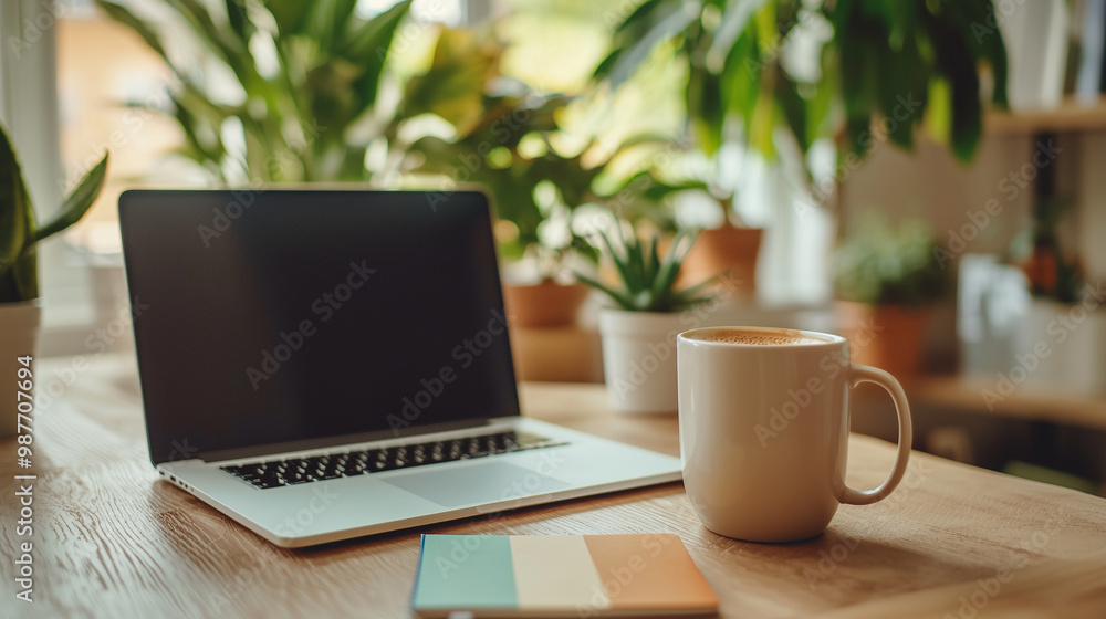 comfortable home office scene showcasing a laptop and a colorful notebook on a rustic table, accompanied by a warm coffee mug, surrounded by houseplants and decorative elements tha comfortable home office scene showcasing a laptop and a colorful notebook on a rustic table, accompanied by a warm coffee mug, surrounded by houseplants and decorative elements tha