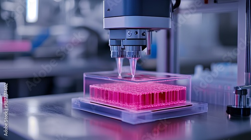 A laboratory device dispenses liquid into a pink microplate, illustrating advanced biotechnological processes in a research environment.