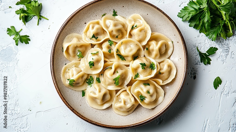 Plate of Cooked Dumplings with Parsley Garnish Plate of Cooked Dumplings with Parsley Garnish