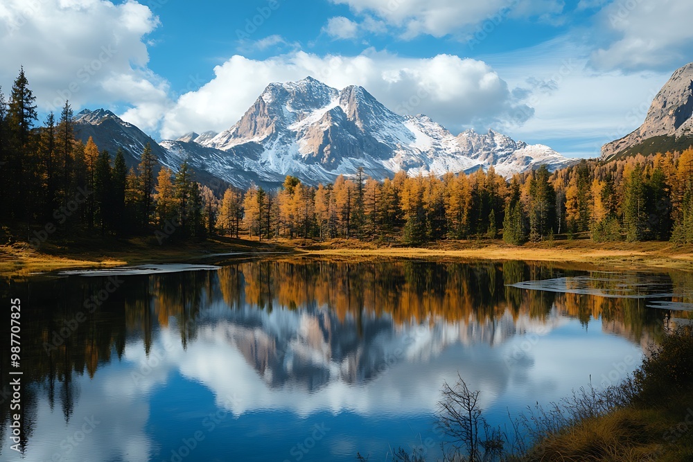 Mountain Lake with Autumn Trees and Snow Capped Peak Reflection Mountain Lake with Autumn Trees and Snow Capped Peak Reflection