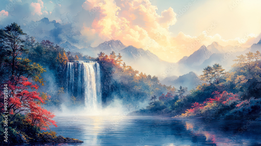 Fototapeta premium Tranquil Waterfall in Autumn Forest at Dawn, Misty Mountain Scene, Watercolor Painting, Serene Nature Landscape