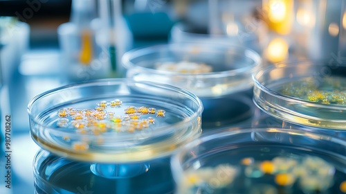 Petri dishes filled with colorful microorganisms in a laboratory setting, showcasing microbiological research and experimentation.