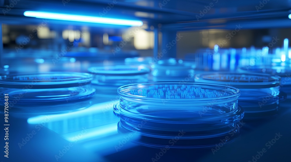 A close-up of petri dishes illuminated by blue light in a laboratory setting, showcasing a sterile environment for scientific research. A close-up of petri dishes illuminated by blue light in a laboratory setting, showcasing a sterile environment for scientific research.