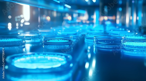 Wallpaper Mural The image showcases illuminated petri dishes in a laboratory setting, emphasizing a blue hue and a focus on scientific research and experimentation. Torontodigital.ca