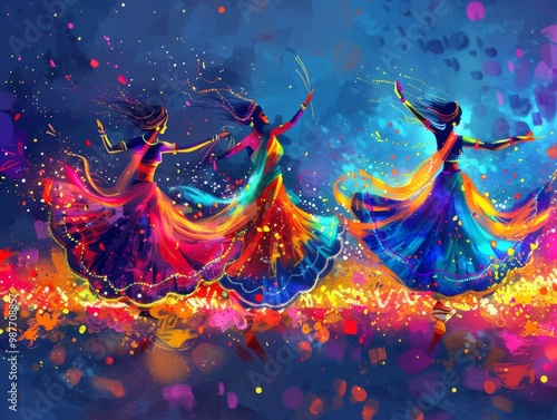 banner background of Navratri Day [A dynamic illustration of a traditional dandiya stick dance, with artists in vibrant costumes mid-swing, colorful splashes accentuating the rhythm and energy