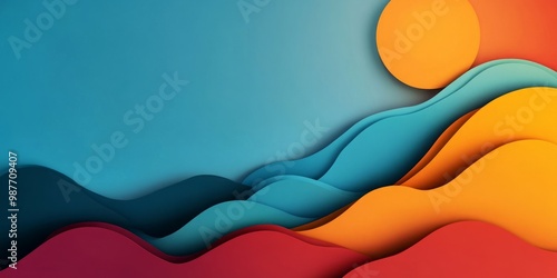 Abstract paper cut-out design with layered waves in blue, teal, orange and red.  The waves appear to be a horizon line with a bright orange sun.