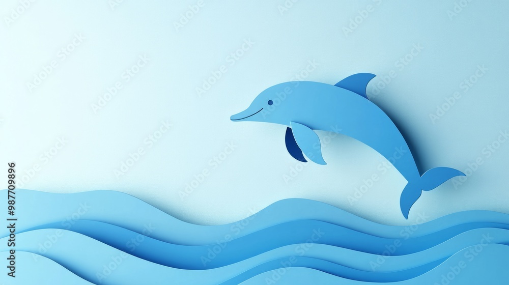 Fototapeta premium Blue dolphin paper cut on blue background fun marine-themed design perfect for children’s books or ocean-themed projects