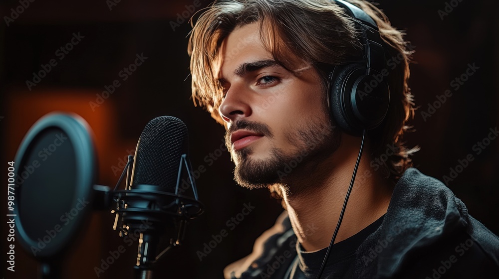 Recording a Podcast: Close-Up of a Focused Young Man Recording a Podcast: Close-Up of a Focused Young Man